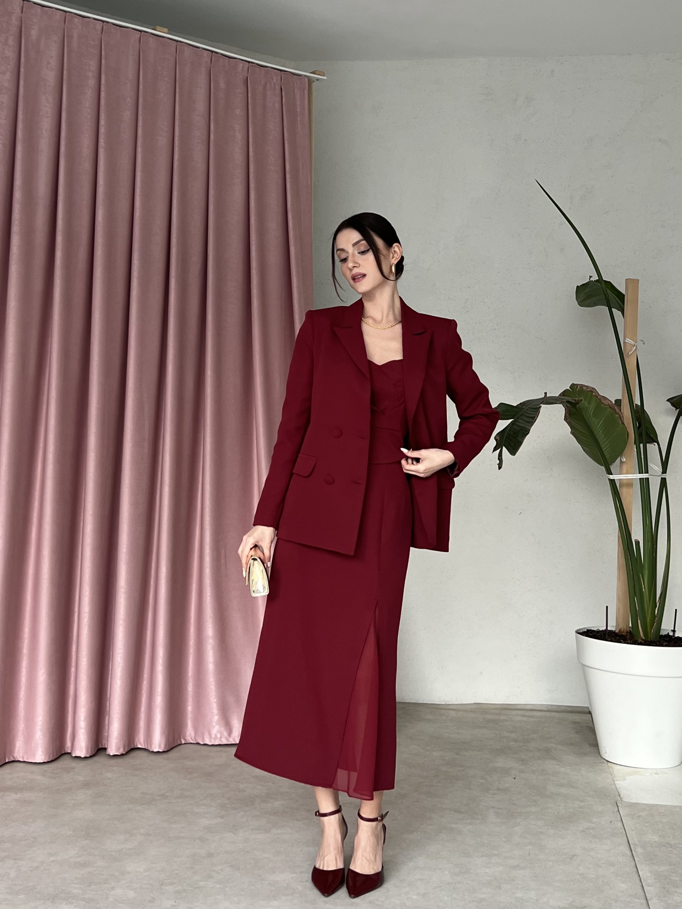 Blazer Ceketli Straplez Elbise Takım 6069 Bordo - XL
