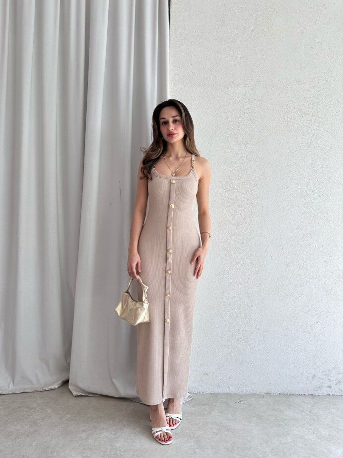 Zincir Askılı Önü Düğmeli Fitilli Maxi Elbise 5072 Bej - XL