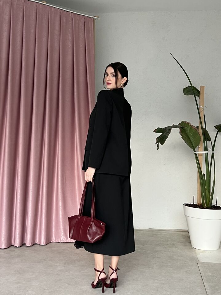 Blazer Ceketli Straplez Elbise Takım 6069 Siyah - XL