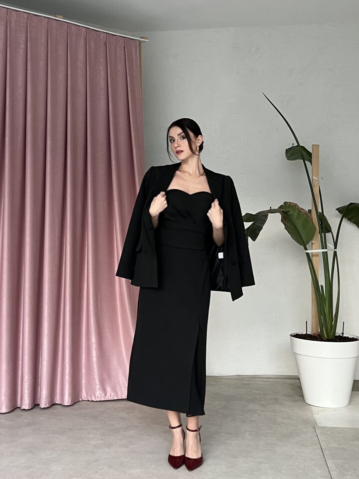Blazer Ceketli Straplez Elbise Takım 6069 Siyah - XL