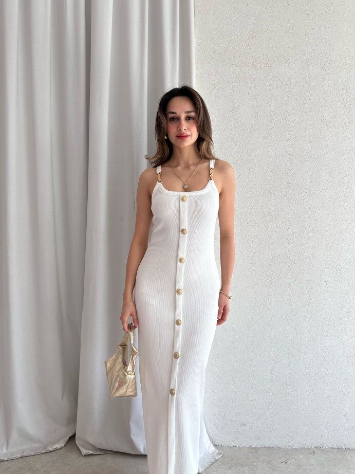 Zincir Askılı Önü Düğmeli Fitilli Maxi Elbise 5072 Beyaz - XL