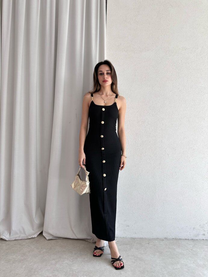Zincir Askılı Önü Düğmeli Fitilli Maxi Elbise 5072 Siyah - XL