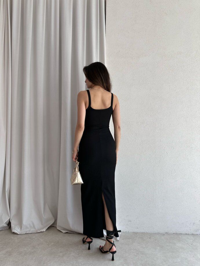 Zincir Askılı Önü Düğmeli Fitilli Maxi Elbise 5072 Siyah - XL