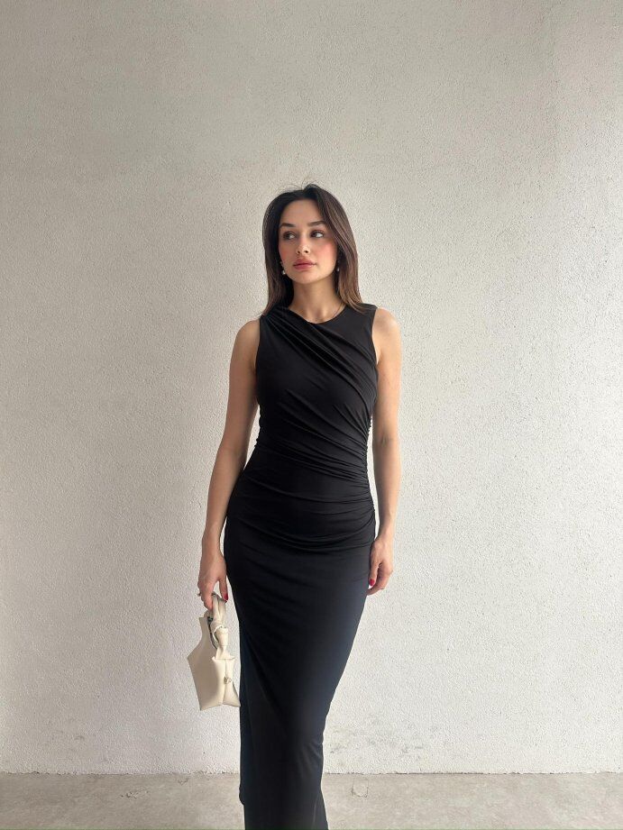 Omuzdan Drapeli Maxi Elbise 5074 Siyah - L