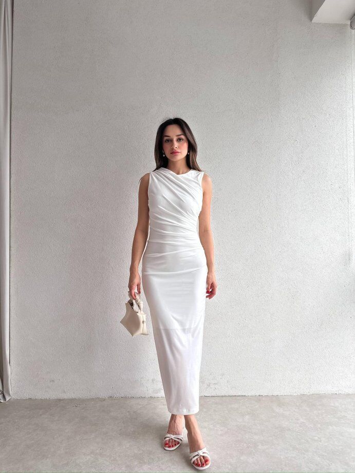 Omuzdan Drapeli Maxi Elbise 5074 Beyaz - XL