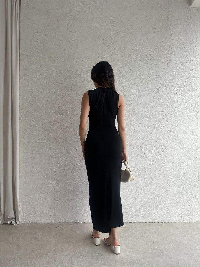Omuzdan Drapeli Maxi Elbise 5074 Siyah - XL