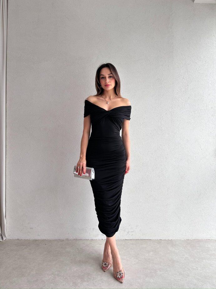 Madonna Yaka Drapeli Midi Elbise 5075