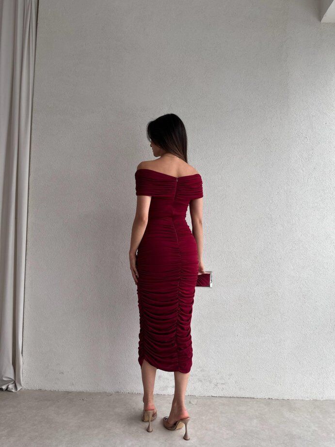 Madonna Yaka Drapeli Midi Elbise 5075 Bordo - S