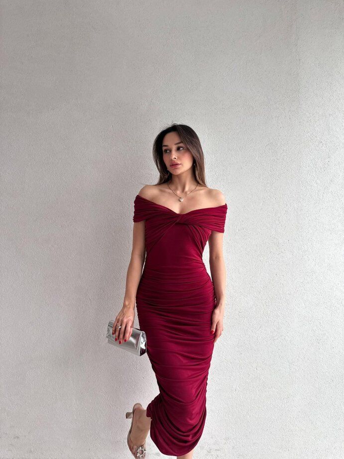 Madonna Yaka Drapeli Midi Elbise 5075 Bordo - M