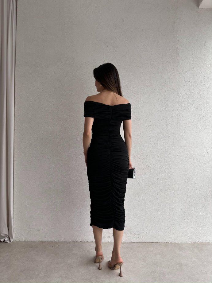 Madonna Yaka Drapeli Midi Elbise 5075 Siyah - M