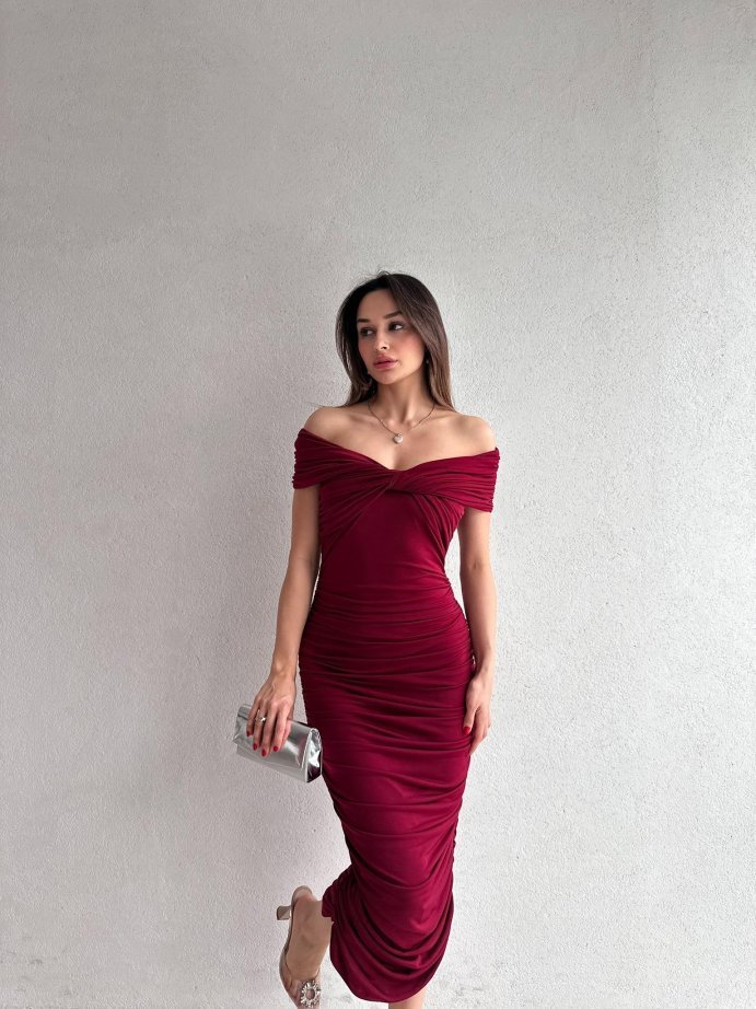 Madonna Yaka Drapeli Midi Elbise 5075 Bordo - L