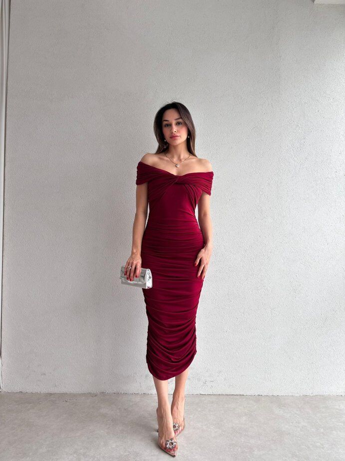 Madonna Yaka Drapeli Midi Elbise 5075 Bordo - XL