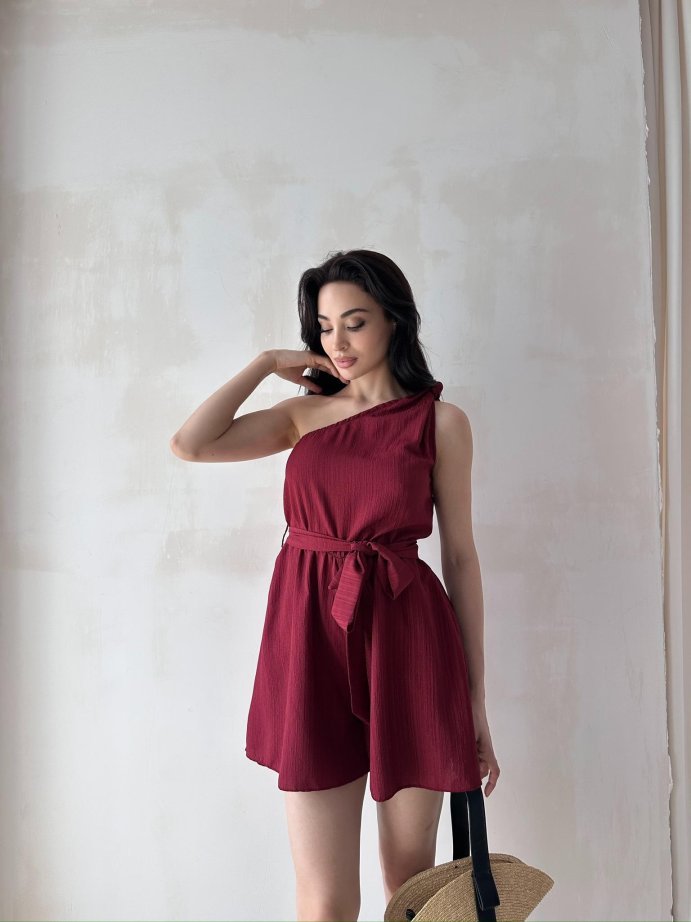 Tek Omuz Kuşak Detaylı Mini Elbise 5077 Bordo - S