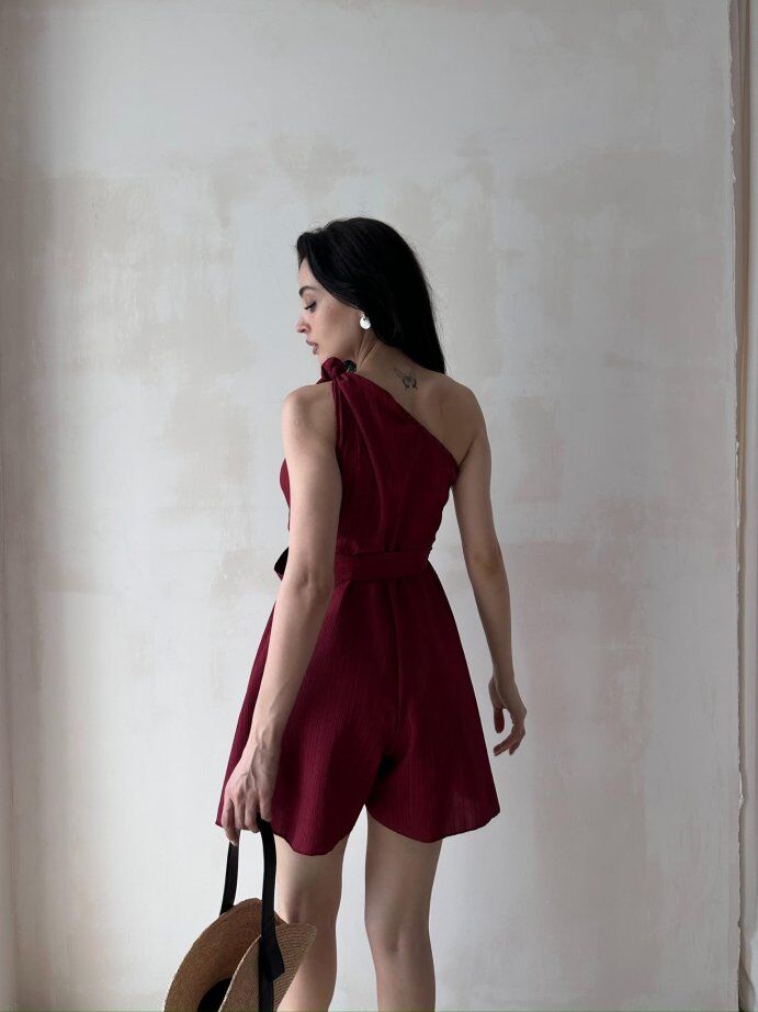 Tek Omuz Kuşak Detaylı Mini Elbise 5077 Bordo - S