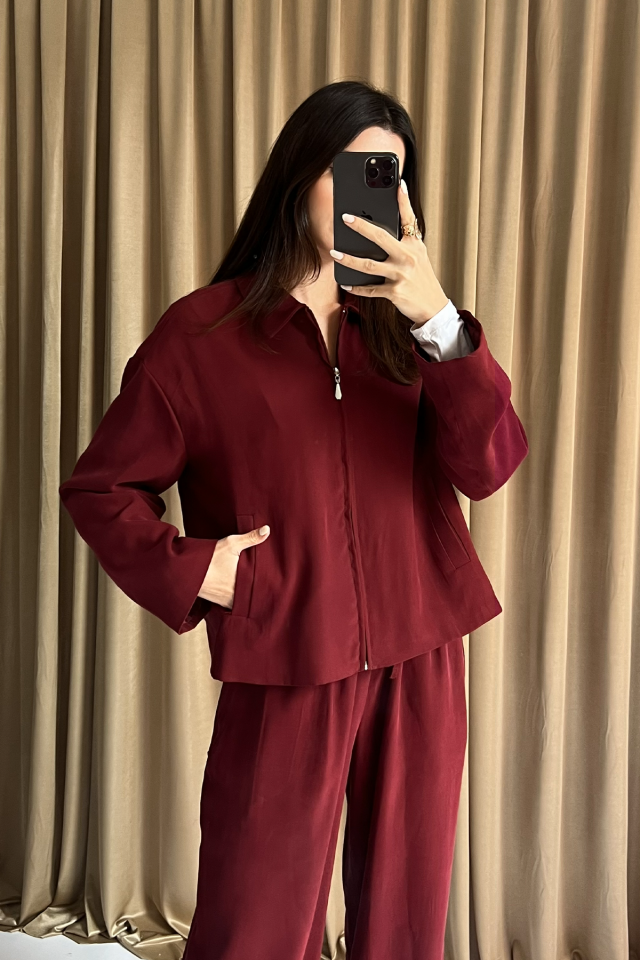Kadın Fermuarlı Ceket ve Bağcıklı Geniş Paça Pantolon İkili Takım Günlük Kombin