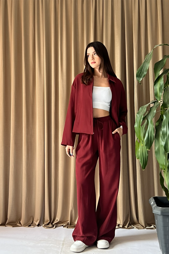 Kadın Fermuarlı Ceket ve Bağcıklı Geniş Paça Pantolon İkili Takım Günlük Kombin