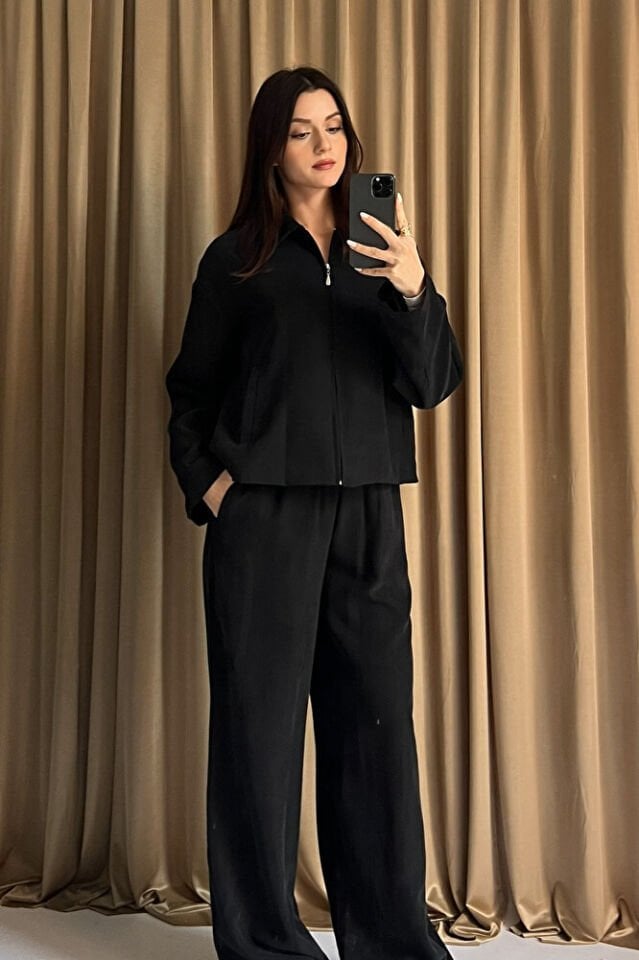 Kadın Fermuarlı Ceket ve Bağcıklı Geniş Paça Pantolon İkili Takım Günlük Kombin