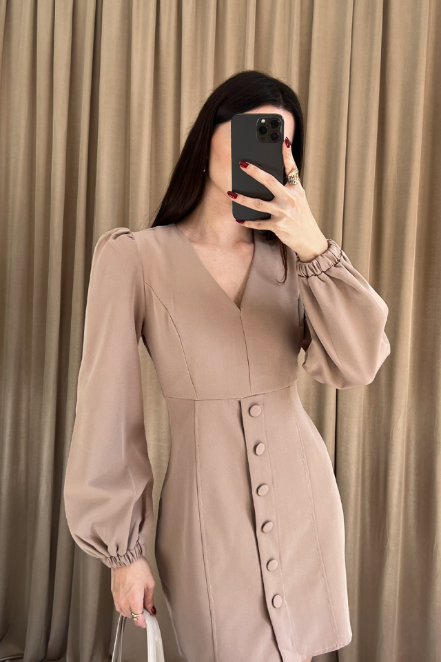 V Yaka Düğme Detaylı Uzun Kollu Mini Elbise