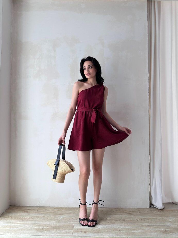 Tek Omuz Kuşak Detaylı Mini Elbise 5077 Bordo - M