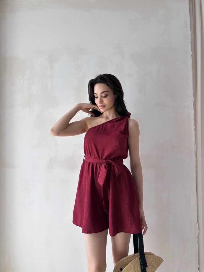 Tek Omuz Kuşak Detaylı Mini Elbise 5077 Bordo - L