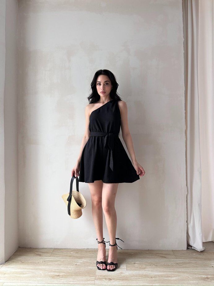 Tek Omuz Kuşak Detaylı Mini Elbise 5077 Siyah - L