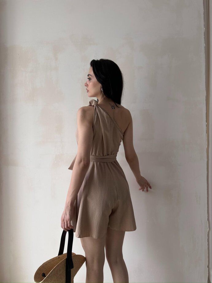 Tek Omuz Kuşak Detaylı Mini Elbise 5077 Bej - XL
