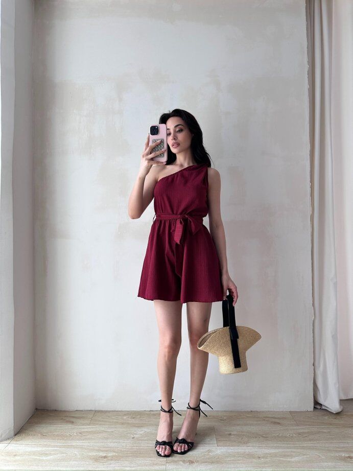 Tek Omuz Kuşak Detaylı Mini Elbise 5077 Bordo - XL
