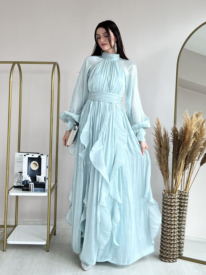 Dik Yaka Kat Kat Volanlı Şifon Uzun Abiye Elbise 6011 Mint Yeşili - L