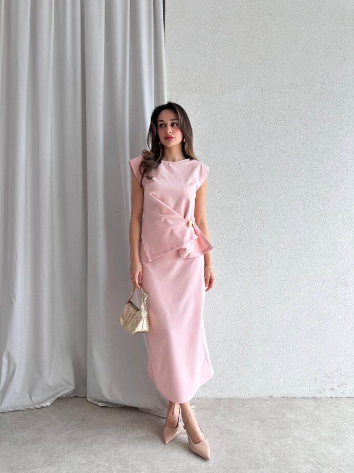 Aksesuar Detaylı Kruvaze Bluz ve Etek Takım 5079 Pembe - S