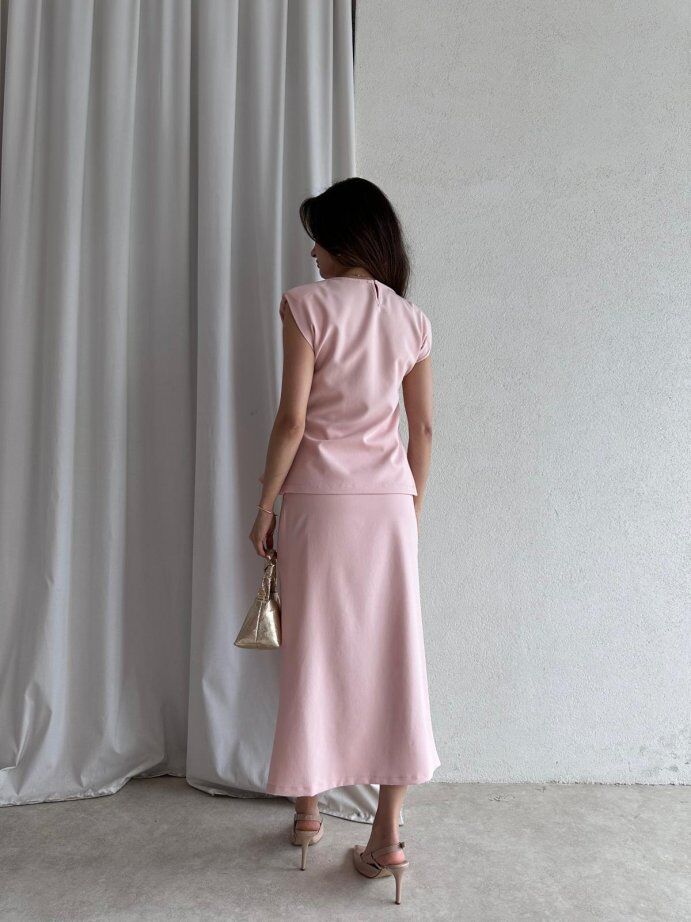 Aksesuar Detaylı Kruvaze Bluz ve Etek Takım 5079 Pembe - M