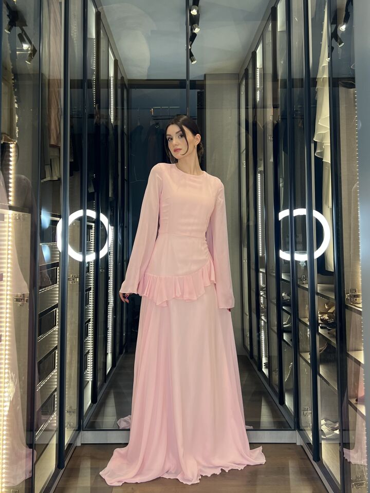 Şifon Kol Detaylı Fırfırlı Uzun Abiye Elbise 6001 Pembe - S