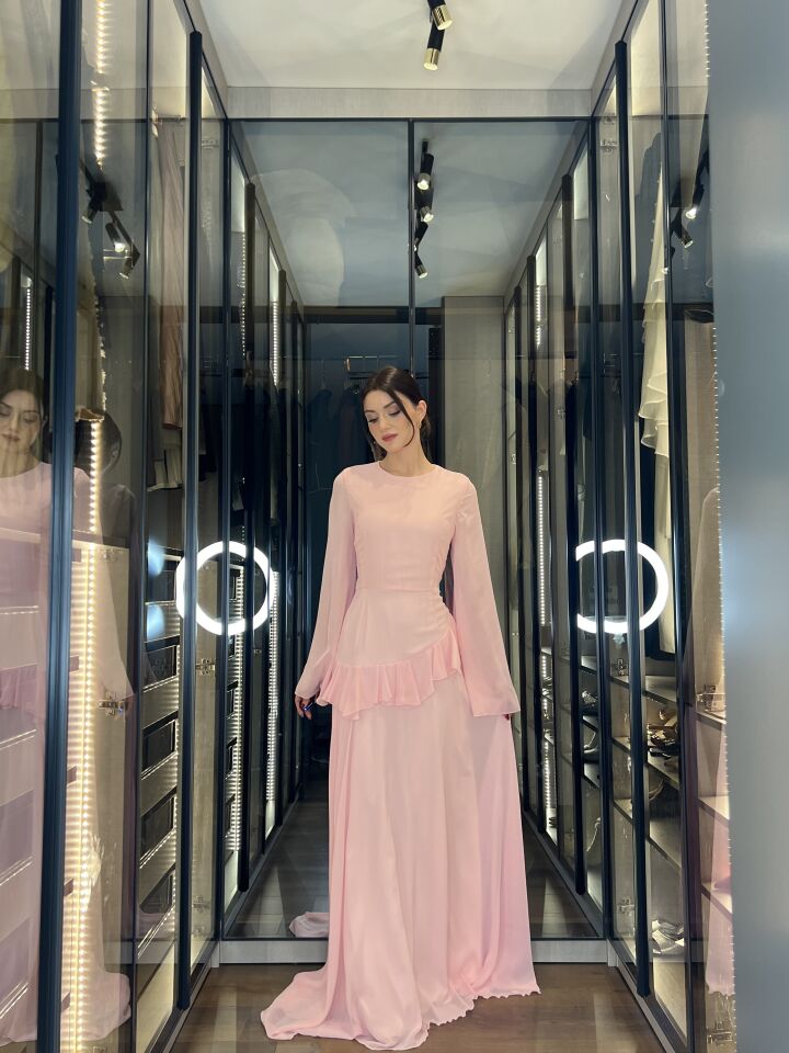 Şifon Kol Detaylı Fırfırlı Uzun Abiye Elbise 6001 Pembe - S
