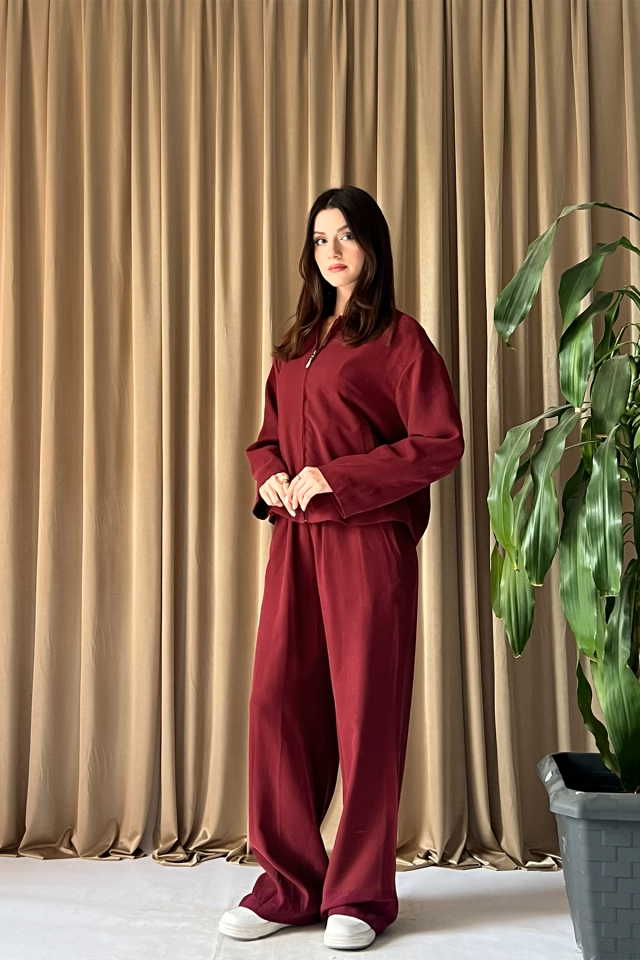 Kadın Fermuarlı Ceket ve Bağcıklı Geniş Paça Pantolon İkili Takım Günlük Kombin Kırmızı - XL