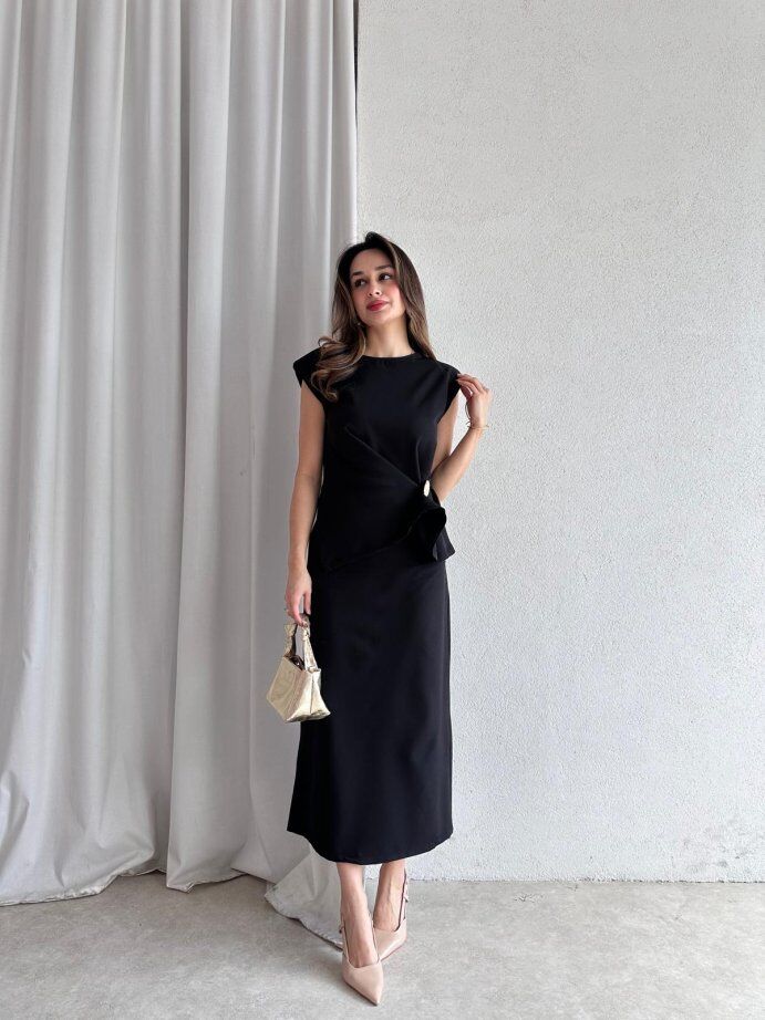 Aksesuar Detaylı Kruvaze Bluz ve Etek Takım 5079 Siyah - XL