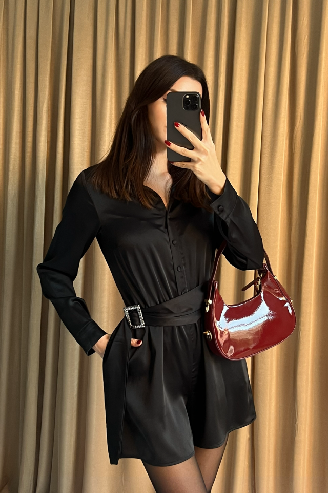 Kadın Gömlek Yaka Kuşaklı Mini Tulum Elbise – Uzun Kollu, Düğmeli, Şık ve Günlük