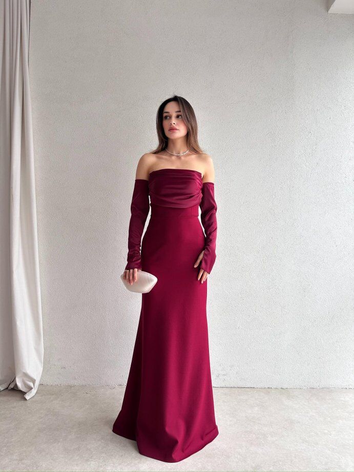 Straplez Düşük Kol Saten Abiye Elbise 5082 Bordo - S
