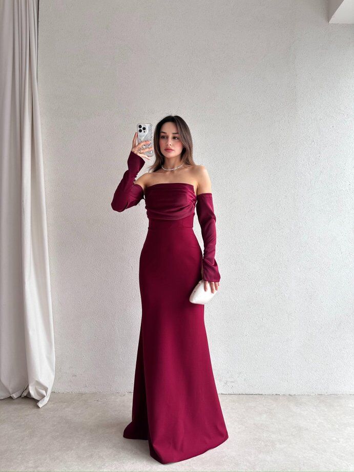 Straplez Düşük Kol Saten Abiye Elbise 5082 Bordo - S