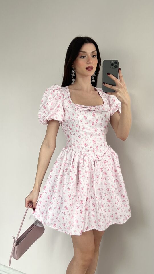 Çiçek Desenli Kare Yaka Mini Elbise 5104 Pembe - L