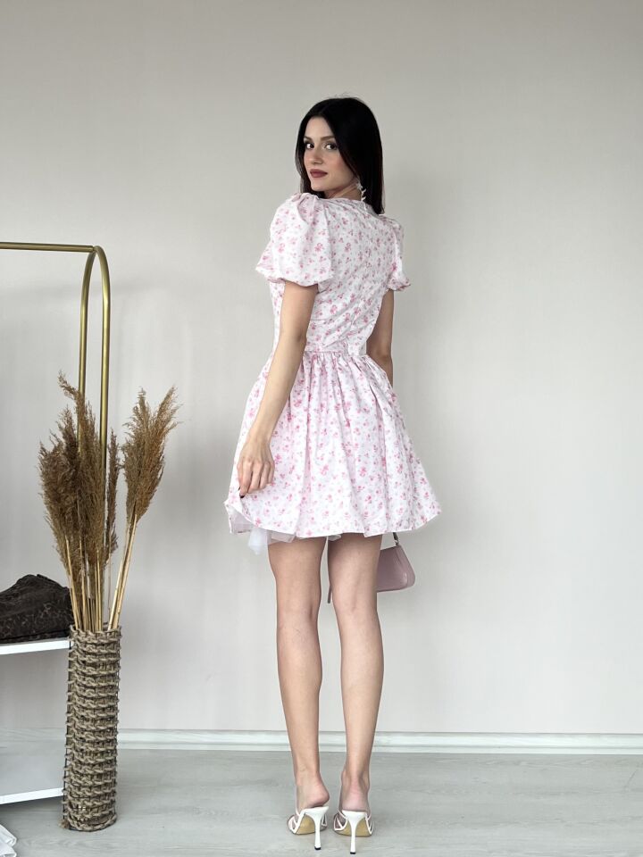 Çiçek Desenli Kare Yaka Mini Elbise 5104 Pembe - L