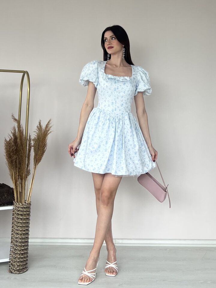 Çiçek Desenli Kare Yaka Mini Elbise 5104 Mavi - XL