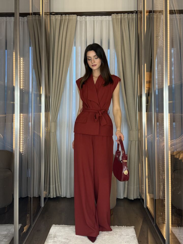 Kuşaklı Kruvaze Yelek Pantolon Takım 5052 Bordo - S