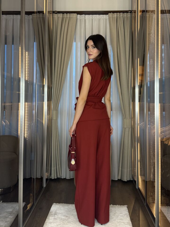 Kuşaklı Kruvaze Yelek Pantolon Takım 5052 Bordo - S