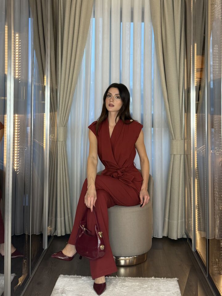 Kuşaklı Kruvaze Yelek Pantolon Takım 5052 Bordo - S