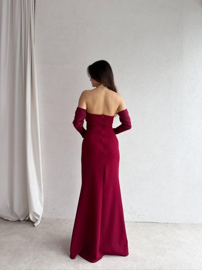 Straplez Düşük Kol Saten Abiye Elbise 5082 Bordo - L