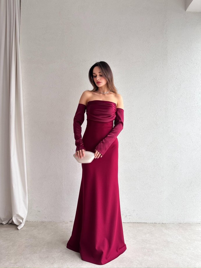 Straplez Düşük Kol Saten Abiye Elbise 5082 Bordo - L