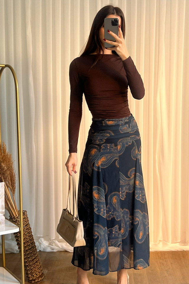 Desenli Şifon Midi Etek – Yüksek Bel, Akıcı Kesim, Şık ve Günlük