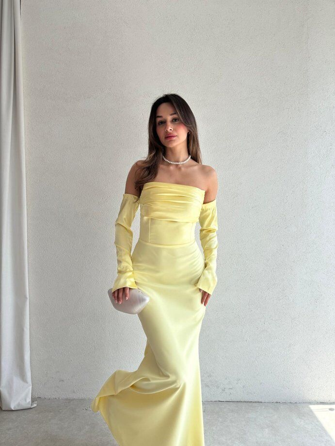 Straplez Düşük Kol Saten Abiye Elbise 5082 Sarı - XL