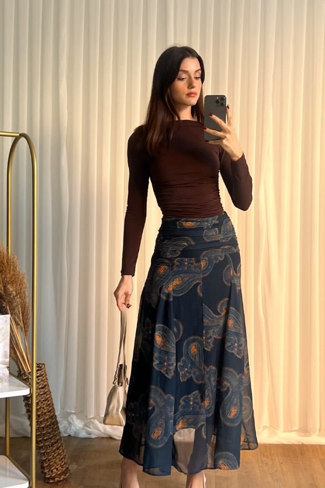 Desenli Şifon Midi Etek – Yüksek Bel, Akıcı Kesim, Şık ve Günlük