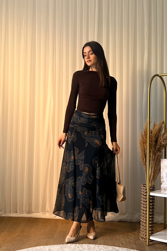 Desenli Şifon Midi Etek – Yüksek Bel, Akıcı Kesim, Şık ve Günlük