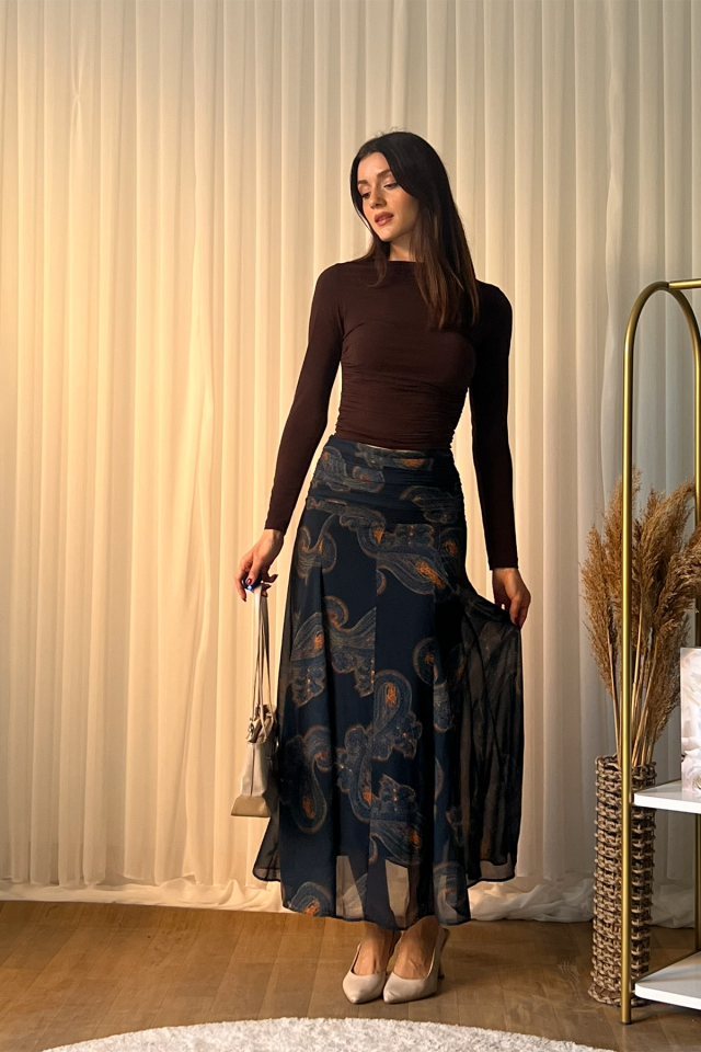 Desenli Şifon Midi Etek – Yüksek Bel, Akıcı Kesim, Şık ve Günlük